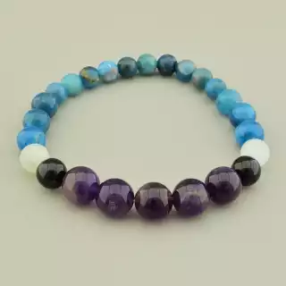 Браслет резинка Аметист Місячний камінь Апатит (17 см, без замку, кулька, фіолетовий, білий, бірюзовий)