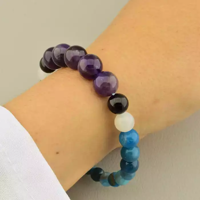 🏷️️ Браслет резинка Аметист Місячний камінь Апатит (17 см, без замку, кулька, фіолетовий, білий, бірюзовий) ss_104951