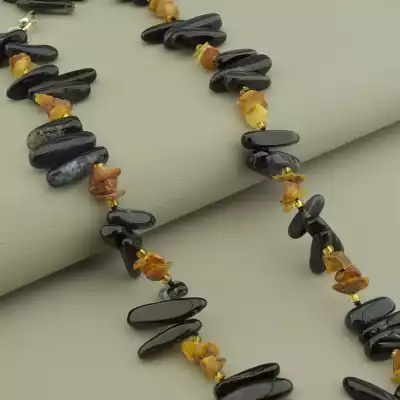 🏷️️ Намисто Бурштин, Агат, Бісер 49 см. (срібло 925 проба) F-102054