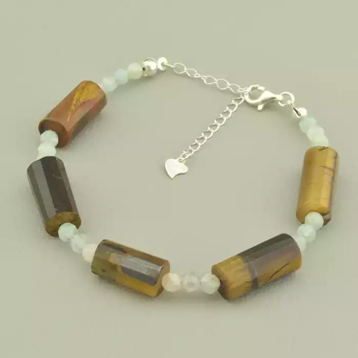 🏷️️ Браслет з карабіном Морганіт, Тигрове око 18 см. (срібло 925 проба) ss_97685