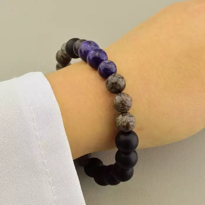 🏷️️ Браслет на резинці Шунгіт, Яшма, Чароїт 19 см F-105770