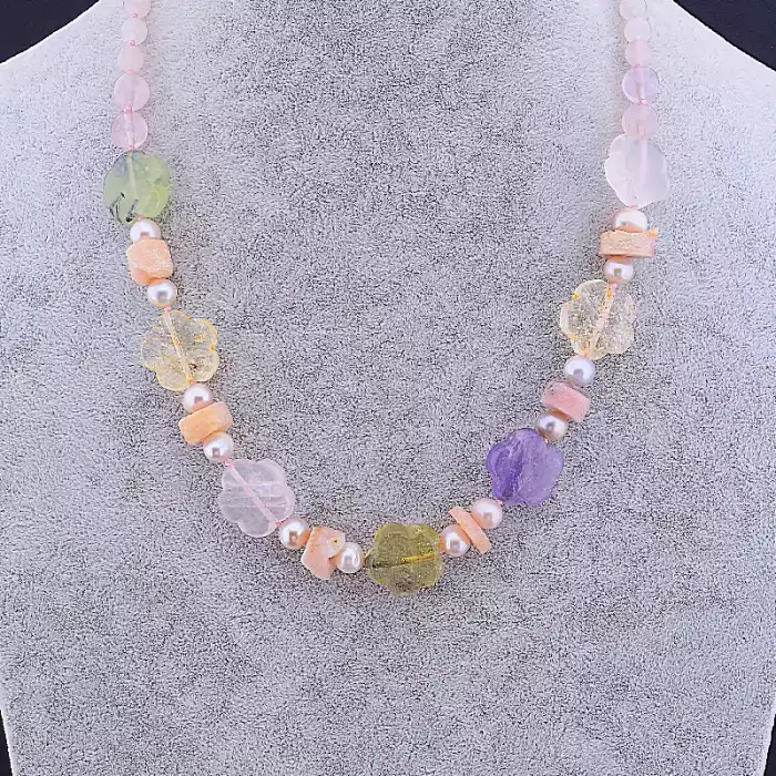 🏷️️ Намисто Рожевий кварц, Пренит, Перли 50 см ss_54402