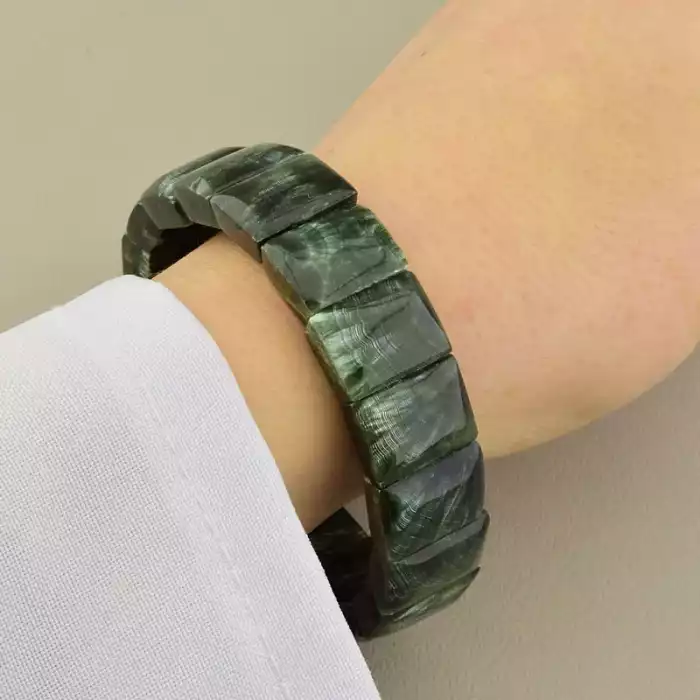 🏷️️ Браслет резинка серафініт (20 см, грань, сірий, зелений, без замку) ss_105054