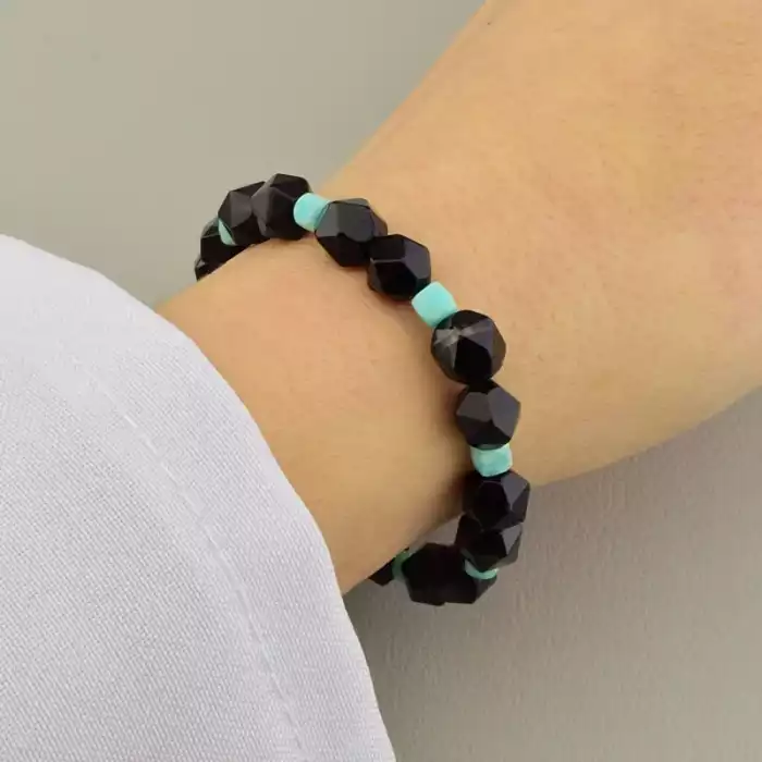 🏷️️ Браслет резинка з агатом і амазонітом грань (18 см, чорно-бірюзовий) ss_104754