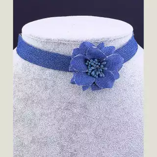 Чокер синій з квіткою FJ тканина 30 см (застібка карабін)