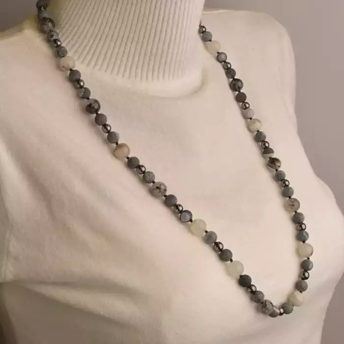 🏷️️ Намисто Волосатик, Агат, Гематит 75 см. ss_96042