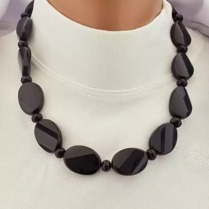 🏷️️ Намисто агат (47 см, з карабіном, сталь, 25х15 мм, чорний, срібний) ss_105264