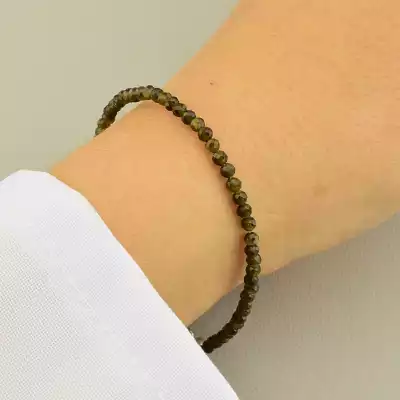 🏷️️ Браслет Обсидіан Срібло (16,5 см, карабін, грань, сірий, срібний) F-104959