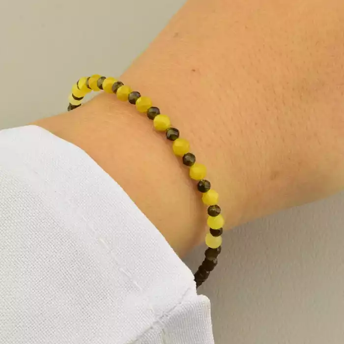 🏷️️ Браслет Обсидіан Срібло (17 см, карабін, грань, сірий, жовтий, срібний) ss_104960