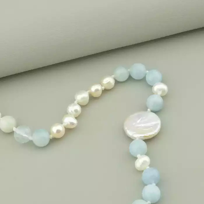 🏷️️ Намисто Аквамарин, Перли 85 см. ss_96048