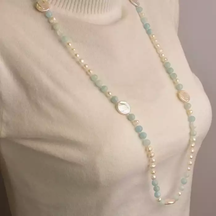 🏷️️ Намисто Аквамарин, Перли 85 см. ss_96048