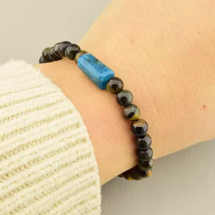 🏷️️ Браслет на резинці Тигрове око, Соколине око, Апатит 17 см F-105980