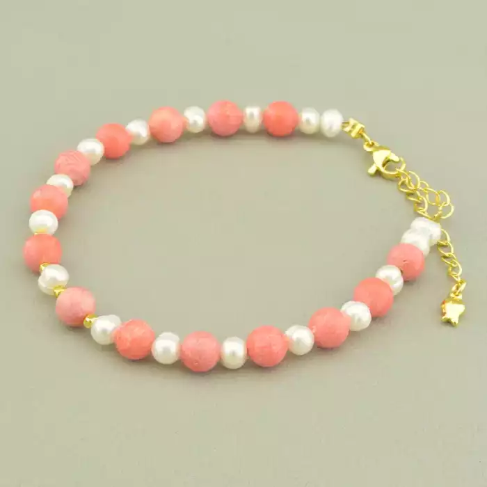 🏷️️ Браслет з карабіном Корал, Перли 19 см. ss_98580