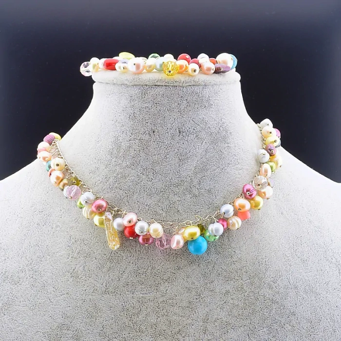 🏷️️ Намисто + Браслет Перли, Корал, Чеський кришталь 45 см ss_78395