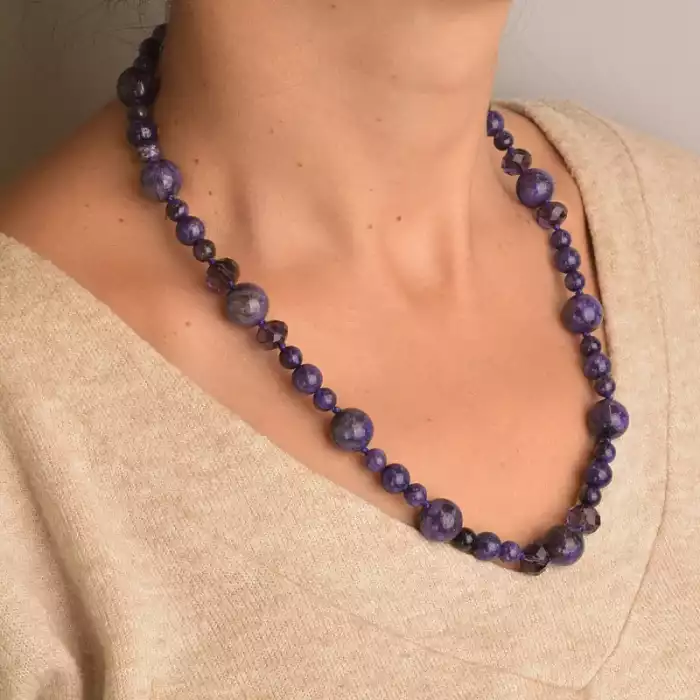 🏷️️ Намисто Чароит, Чеський кришталь 49 см. (срібло 925 проба) ss_89151