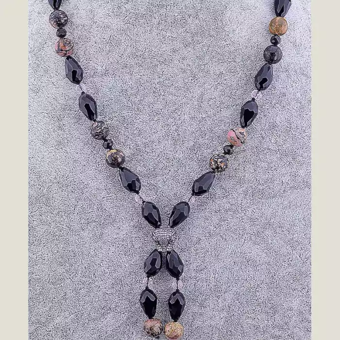 🏷️️ Намисто Родонит, Чеський кришталь 58 см ss_70259