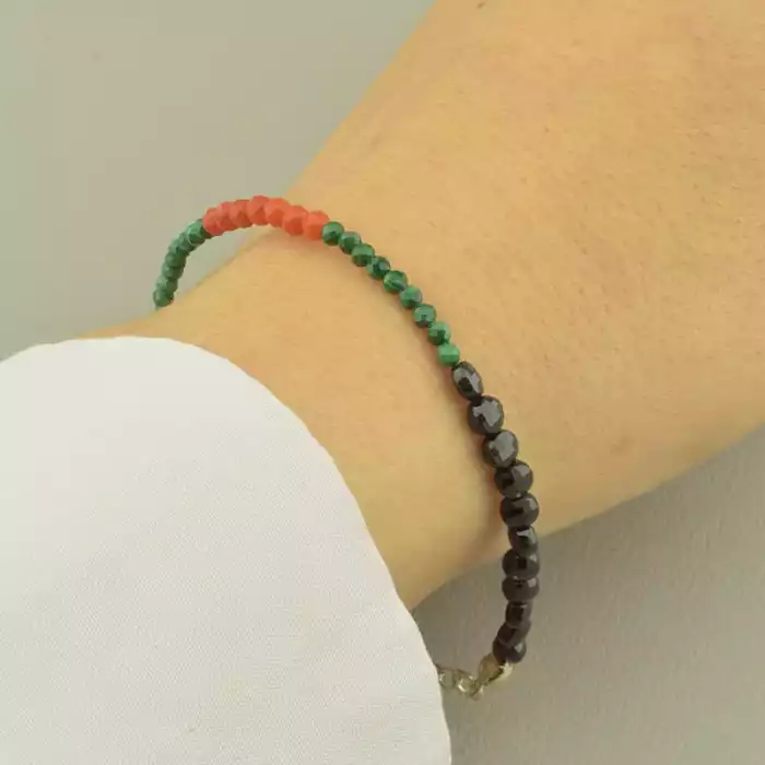 🏷️️ Браслет з карабіном Турмалін, Сердолік, Малахіт 17 см. (срібло 925 проба) ss_101269