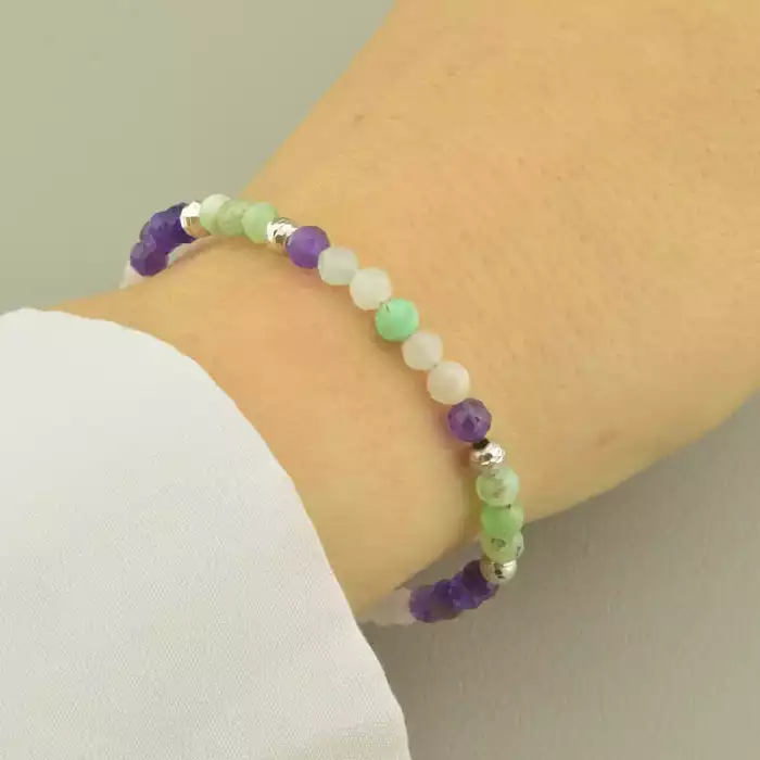 🏷️️ Браслет з карабіном Хризопраз, Аметист, Морганіт 17 см. (срібло 925 проба) ss_102070