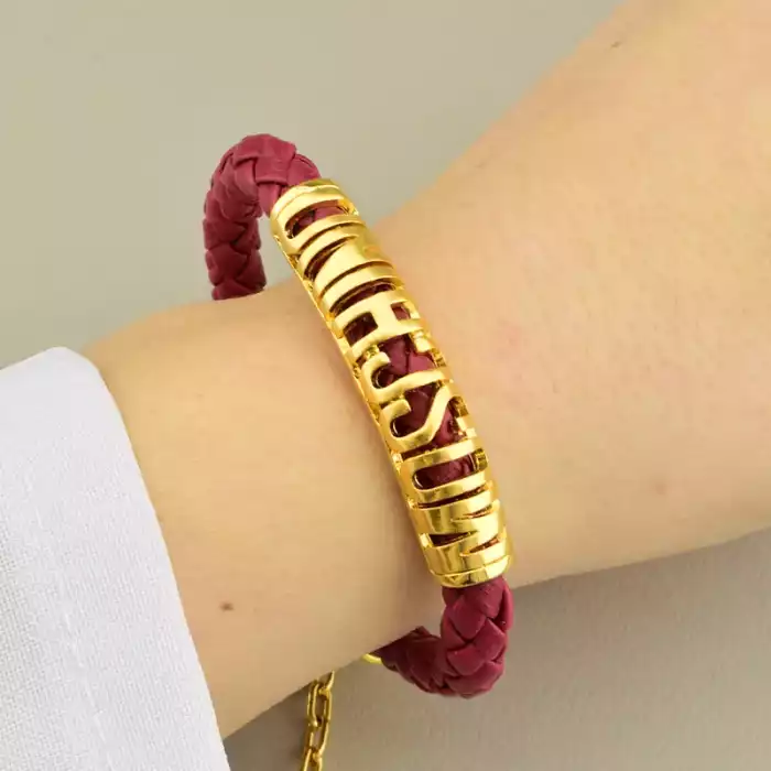 🏷️️ Браслет з карабіном Fashion (19 см, позолота 18к, медичний сплав, еко шкіра, бордовий, жовтий) ss_105278