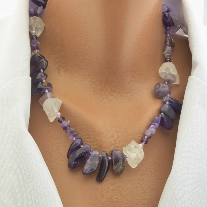🏷️️ Намисто з аметистом та гірським кришталем (46 см, фіолетове, срібне) ss_104669