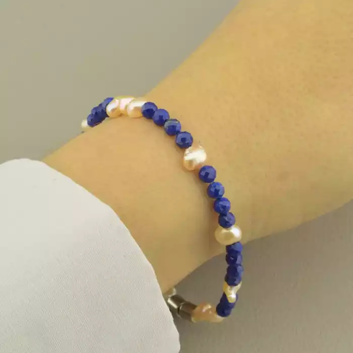 🏷️️ Браслет на магнітній застібці Лазуріт, Перли 18 см. ss_101473