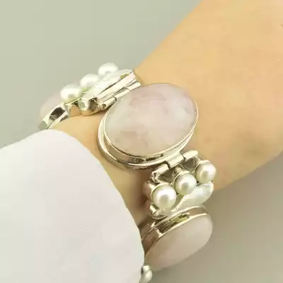 🏷️️ Браслет петля Рожевий кварц, Перли 18 см. F-103208