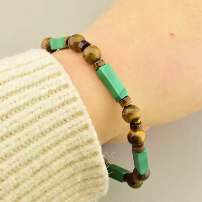 🏷️️ Браслет на резинці Тигрове око, Малахіт 19 см ss_105990