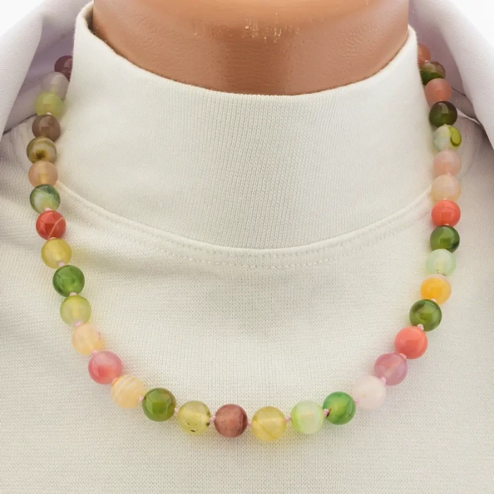 🏷️️ Намисто агат (44 см, з карабіном, сталь, 8,5 мм, різнокольоровий, срібний) ss_105283