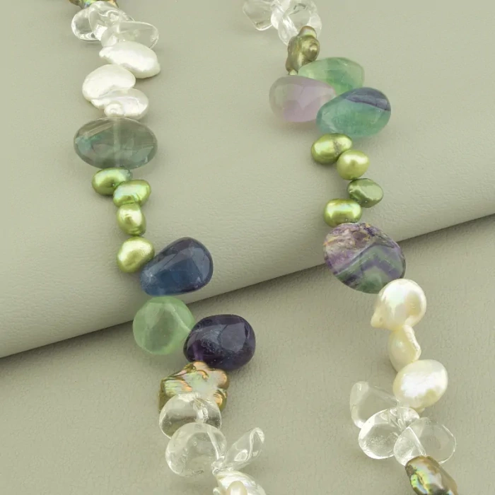 🏷️️ Намисто Флюорит, Гірський кришталь, Перли 60 см. ss_99501