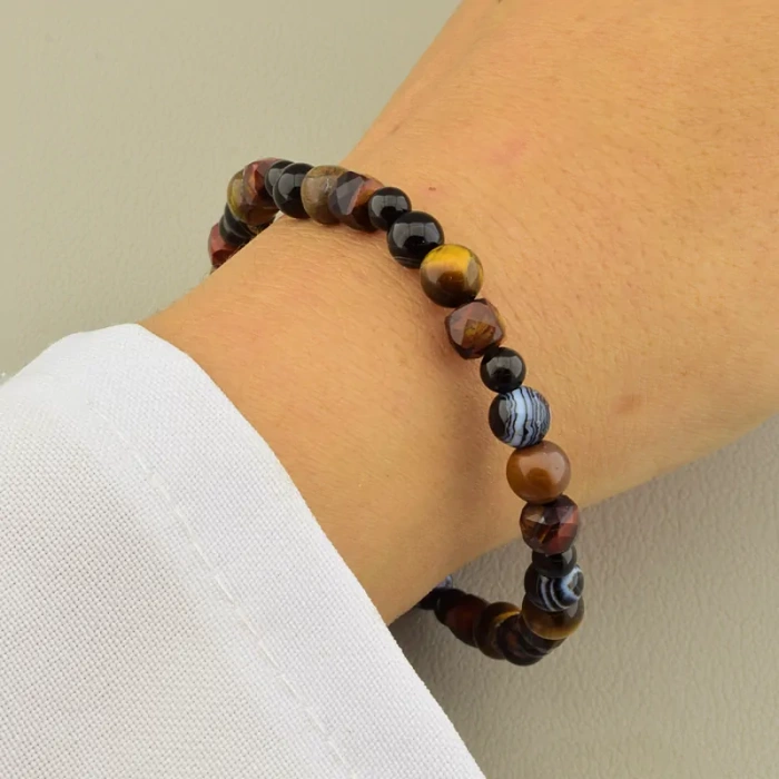 🏷️️ Браслет резинка Тигрове око Турмалін Агат (17 см, без замку, кулька, грань, коричневий, чорний, сірий) ss_104977