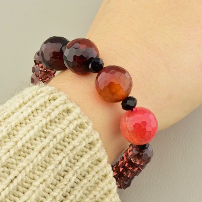 🏷️️ Браслет резинка Агат та Чеський кришталь (18 см, без замку, в формі грані) ss_104879