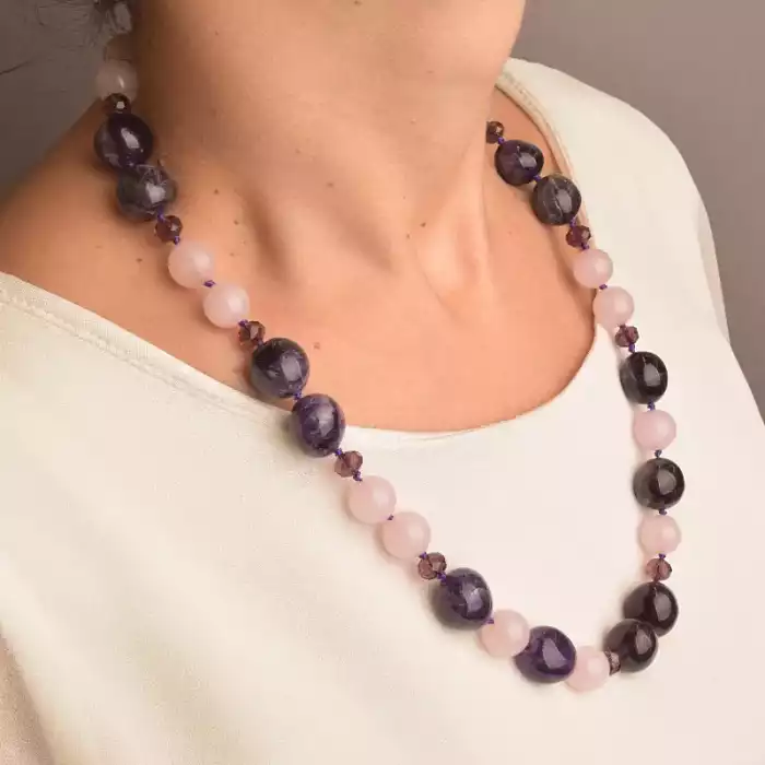 🏷️️ Намисто Рожевий кварц, Аметист, Чеський кришталь 56 см. ss_91115