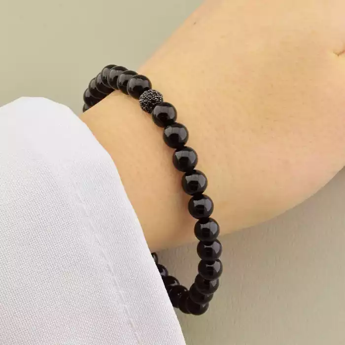 🏷️️ Браслет з турмаліну (20 см, на резинці, чорні камені в формі кульки) ss_104781