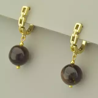 Сережки з англійським замком з підвіскою Тигрове око (позолота 18к лимонна)