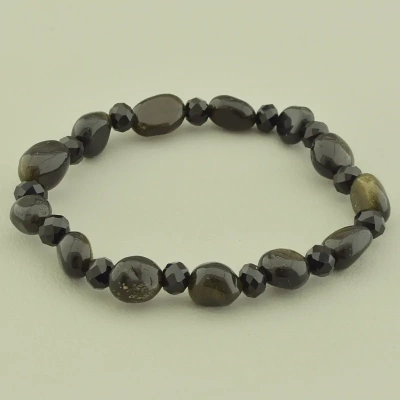 Браслет резинка обсидіан та кришталь (17 см, грань)