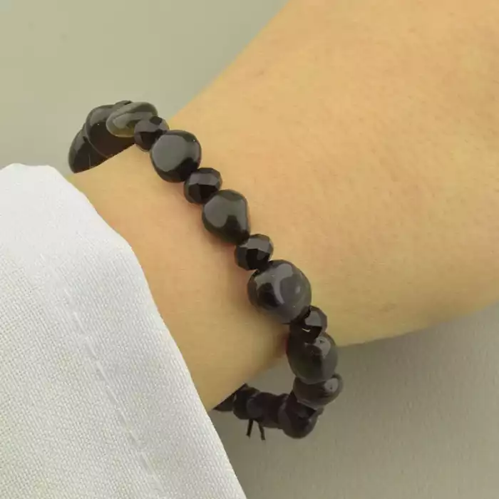 🏷️️ Браслет резинка обсидіан та кришталь (17 см, грань) ss_104682