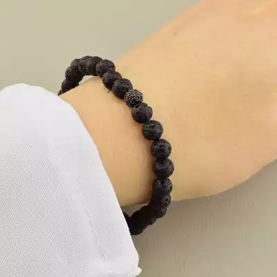 🏷️️ Браслет з лави (20 см, на резинці, чорний камінь в формі кульки) F-104782