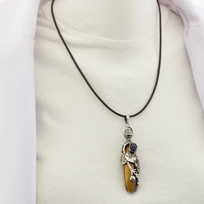 🏷️️ Підвіска тигрове око (49 см, метал, 70х17 мм, з карабіном, коричневий, срібний) ss_105294