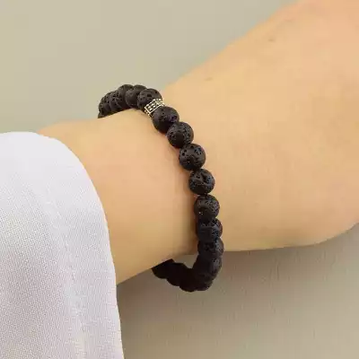 🏷️️ Браслет з лави (17 см, на резинці, срібло 925, чорні камені в формі кульки) F-104785