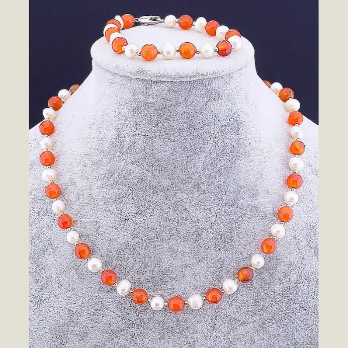 🏷️️ Намисто + Браслет Сердолік, Перли 45 см ss_75959