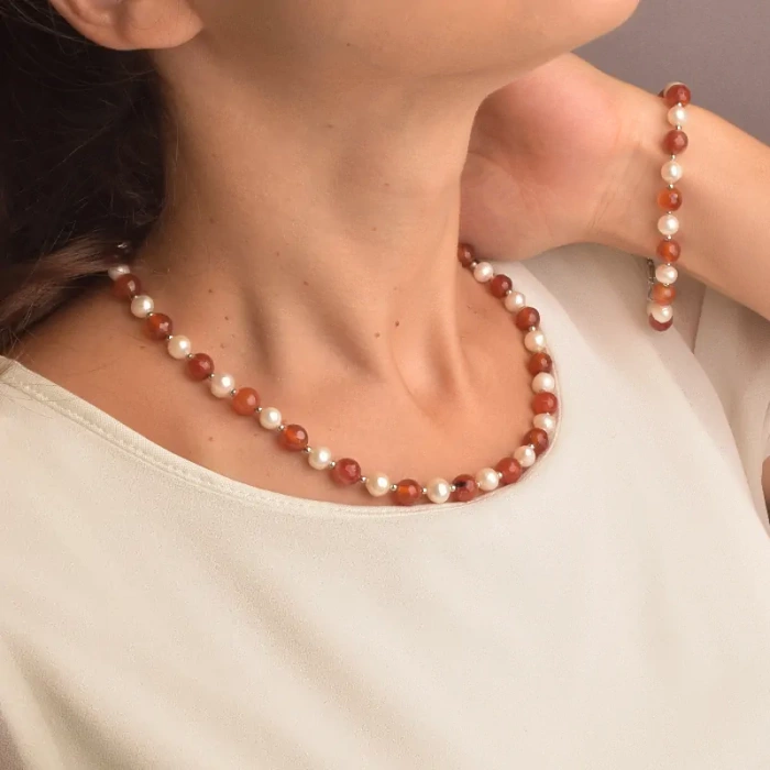 🏷️️ Намисто + Браслет Сердолік, Перли 45 см ss_75959