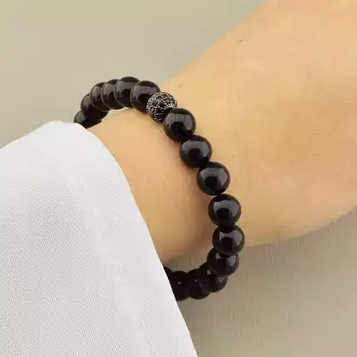 🏷️️ Браслет з турмаліну (19 см, на резинці, чорні камені в формі кульки) F-104788