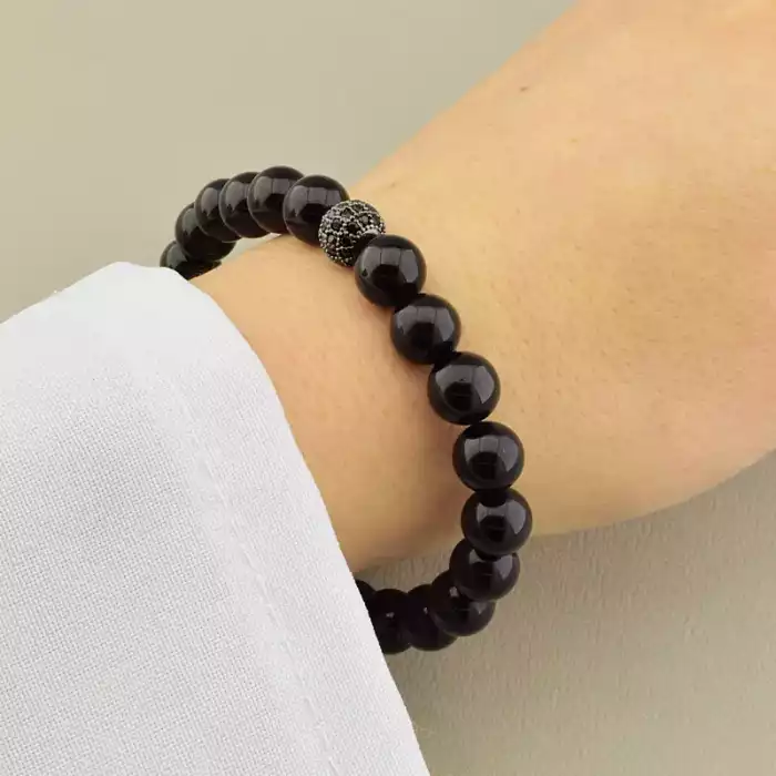 🏷️️ Браслет з турмаліну (19 см, на резинці, чорні камені в формі кульки) ss_104788