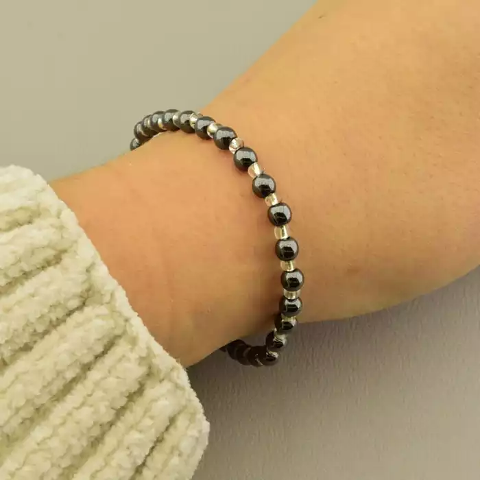 🏷️️ Браслет на резинці Гематит, Бісер 18 см F-105806
