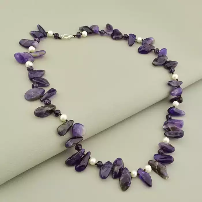 🏷️️ Намисто Аметист, Перли, Чеський кришталь 51 см F-105906