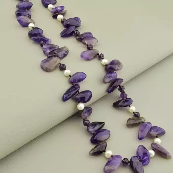 🏷️️ Намисто Аметист, Перли, Чеський кришталь 51 см F-105906