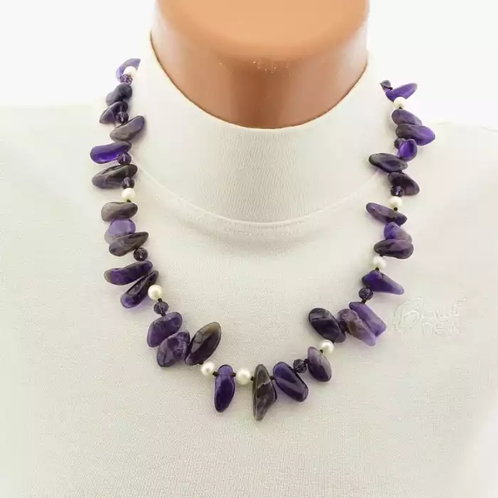 🏷️️ Намисто Аметист, Перли, Чеський кришталь 51 см F-105906