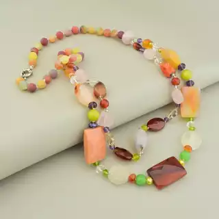 Намисто Агат, Сердолік, Жадеїт (60 см, карабін, різнокольорові натуральні камені)