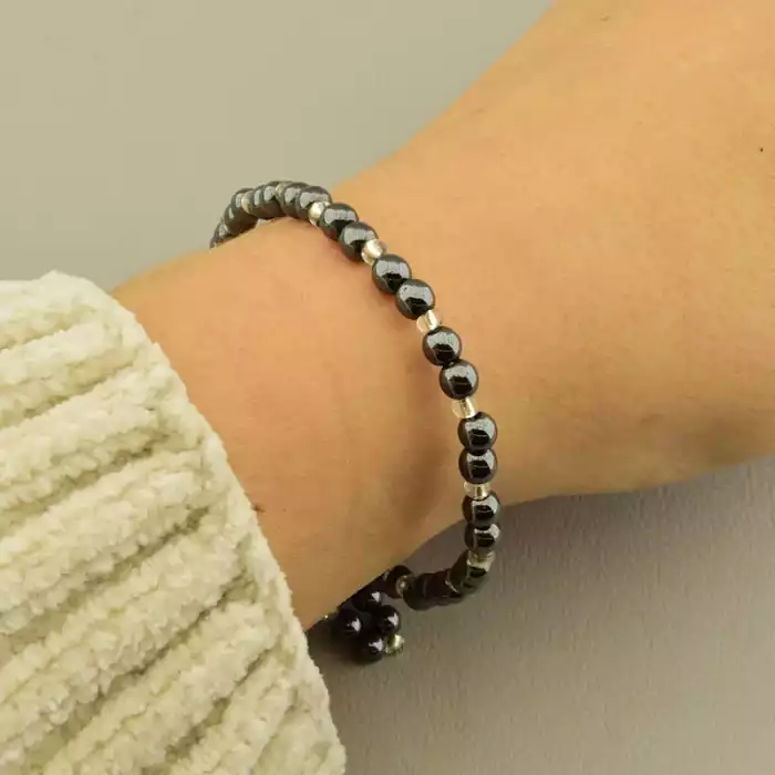 🏷️️ Браслет на резинці Гематит, Бісер 21 см F-105807