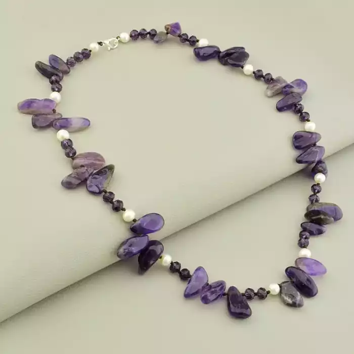 🏷️️ Намисто Аметист, Перли, Чеський кришталь 51 см F-105907